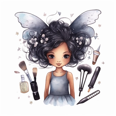 cute fairy black skin girl hairdresser, hair salon, hairdryer, scissors, comb, mirror, watercolour Clipart white background