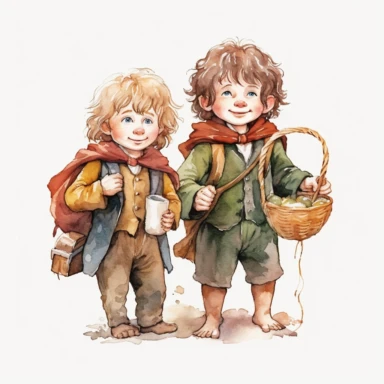 Hobbits, Pippin and Merry, clipart cute, pop, watercolor, no background