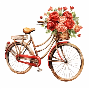 watercolor, white background, clipart, watercolor, white background, ultra-realistic and hyper-detailed clipart beautiful bicycle with red roses, red and rich gold hues