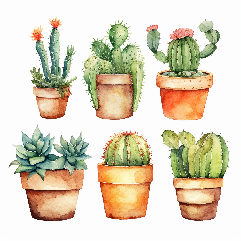 A group of cacti in decorated terracotta pots clipart, white background ...