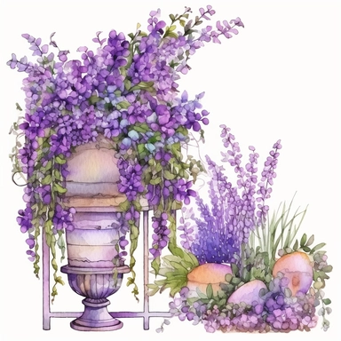 a set of unique EFFERVESCENT watercolor style clip art images in purple and green flowers growing a flower box, other purple flowers growing around it, lavender flowers surrounded flower box, dreamy intricate designs, the setting must be a floral dream, a secret garden theme, including garden decorations with elements such as fantasy, fantasy-inspired floral patterns, The overall mood of the images should be a fantasy floral wonderland, with a focus on the beauty and fantasy of gardening, and th