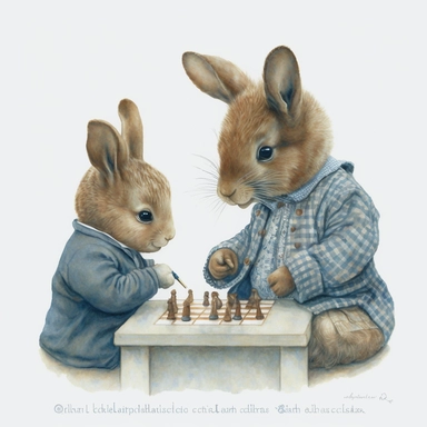 watercolour brown daddy Bunny wearing a blue sweater and cute baby bunny wearing a blue jacket are playing chess together, by Angela Barrett, big shiny eyes, smilling, expressive faces, fathers day, detailed, clipart, dreamy, delicate, colorful, Watercolor paint, white background