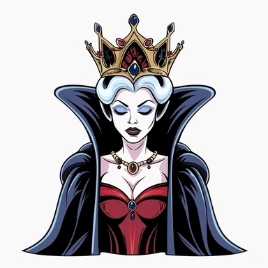 2d partially lined clipart illustration of an evil but beautiful queen, in the style of 1959's sleeping beauty movie, white background
