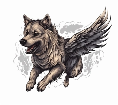 Flying Caucasian dog logo design, vector clip art illustration free download, grim realism style, Fang Lijun, cartoon realism, silver gray, uhd image, murals and murals, engraving