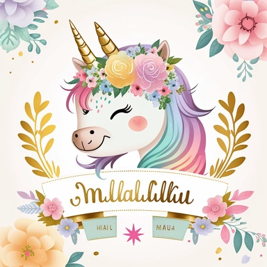 cute unicorn in chibi style with flowers in hair, colourful rainbow colours, well lite, with name plate ribbon with gold trim, watercolor clipart using procreate grain brush, svg white background