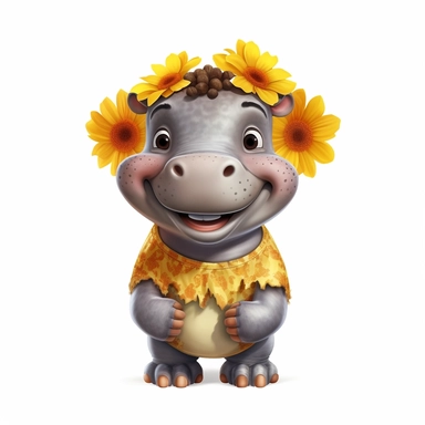 Cute Beautiful Happy Face Baby Hippo Sunflower On Head Is Standing Full Body Sublimation Clipart,Cartoon, hyper realistic, intricate detail, illustration style,high solution,on the white background