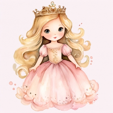 Toddler princess aurora cartoon watercolor, round face delicate her long hair sharp and detailed her outfit like the original princess, character should be well drawn with soft tones a very clear smile confident and a head lightly painted in watercolor the character should be on a white background clipart