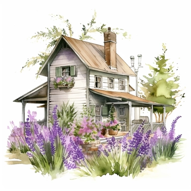 Lavender Farmhouse - A piece of the Whimsical Botanical Dwellings collection, this watercolor clipart depicts a rustic farmhouse, crafted entirely from Orchid Elegance lavender with Fern Green stems. The idyllic countryside dwelling, standing out distinctively against the white background, showcases the muted purple and vibrant green hues in all their glory.
