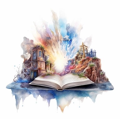 Fantasy book with Echoes of Destiny: A fateful journey shaped by prophetic whispers and hidden prophecies, watercolor, clipart, white background