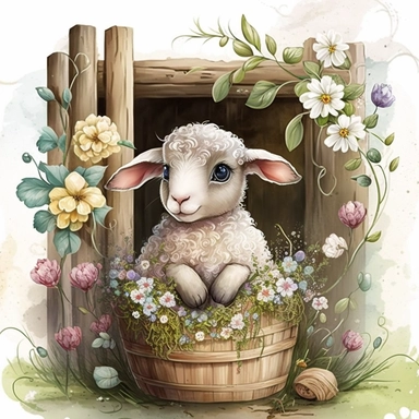 an adorable watercolour easter baby lamb with big eyes surrounded by flowers and easter eggs clipart, in a cozy and rustic barn. The lamb is sitting on a bed of hay, with baskets of colorful easter eggs and bouquets of wildflowers nearby. The atmosphere is warm and inviting, with a touch of nostalgia. Artwork, painted with watercolors and ink