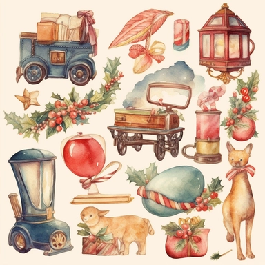 Design a collection of watercolor clipart images with a vintage Christmas feel. Include elements such as antique toys, old-fashioned ornaments, and traditional Christmas scenes. The images should have a warm, nostalgic quality with clear lines and delicate, muted hues. The clipart should be suitable for use in vintage-inspired scrapbook layouts and other similar projects