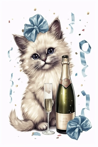 happy birthday Champaign clipart for card print, cute ragdoll kitten illustration, hallmark 1950s style png vector isolated on white background