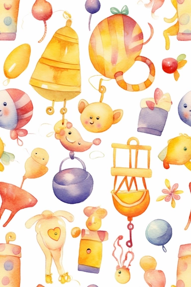 Watercolor clipart pattern of fun baby toys and accessories in vibrant hues of yellow, orange, and purple for designing a baby's room or creating party favors. (medium: digital illustration)(style: inspired by Beatrix Potter and Margaret Tarrant)(lighting: bright and cheerful with bold contrasts)(composition: repeating pattern of whimsical baby items like mobiles and rattles captured with a high-quality camera and wide-angle lens)
