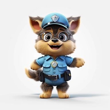 Adorable cute fantasy baby dog dressed like police standing in dynamic pose,front view,fullbody,sharp through out,happy expression, nursery art, clipart image, lineart image, white background, very detailed, 8k, composition wide shot