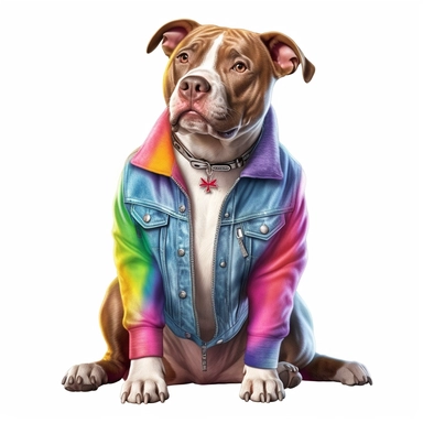clip art style illustration of a realistic pit bull wearing a rainbow jean jacket, just the dog, no shading, full body sitting down, transparent background