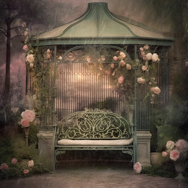 fantasy rose evening garden with antique wrought iron bench and gazebo, soft pink and green and khaki colors, romantic, clipart style, shabby chic, ethereal