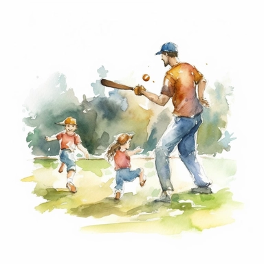 dad playing baseball with the kids in the backyard, clip art, watercolor style--q2--v5.1--s1000