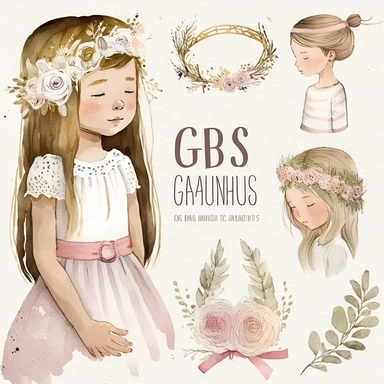 6 cliparts with girls first communion props, soft colors boho minimalism, hight resolution watercolor hand painted