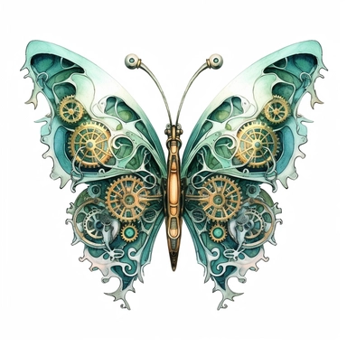 A delicate butterfly with wings detailed with intricate clockwork gears and cogs, with its colors echoing the shine of Sea Green and Antique White watercolour clipart, white background, no watermarks