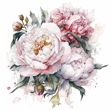 a bouquet with a few peonies clipart with white background, unimaginable beauty,white with little pink details in the centre of the bloom,An illustration clipart painted by ann buccarelli, watercolour, combo pale colours, insanely detailed, on white background, amazing colour combo, with detailed watercolor bloom, white/ pink/ green, bec winnel, intricately textured, close up, walter Langley, lucy grossmith, heavy impasto technique, detailed shading, atmospheric watercolours, on white background