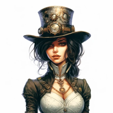 Solid white background. Waist-up illustration of a determined steampunk woman, her intense gaze and resolute smile reflecting her strong determination. Her alabaster skin and black hair beautifully contrast her attire in shades metallic bronze, a testament to Victorian elegance and steampunk aesthetics. Instead of a hat, she wears a sleek headband adorned with industrial motifs. The background lacks any steampunk elements. Pastel clipart, hyper-realistic, retro-futurism, solid white background