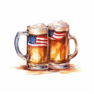 High resolution, Paint a watercolor illustration of two beer mugs clinking together in a toast, american flag backdrop, watercolor clipart, white background for removing background