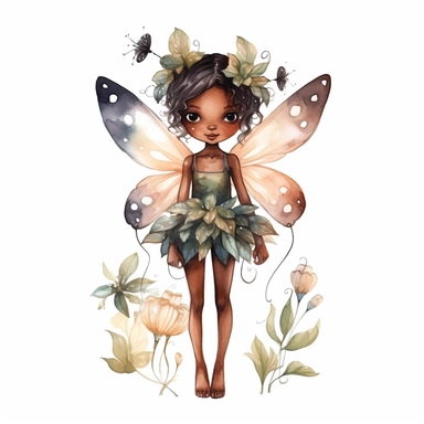 ultra beautiful cute baby girl black skin fairy elf, pixie with beautiful buttefly style wings in a standing position holding a flower in the woods clipart, water color illustration, mary cecily baker style ,white background