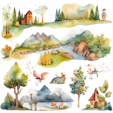 watercolor clipart set open computer with landscape and action with characters