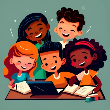 clipart of students working together and learning, smiling