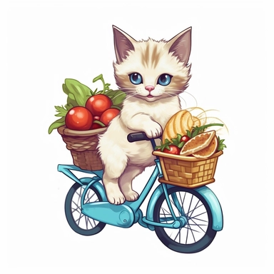 Create a clipart of a Siamese kitten riding a bicycle with a basket full of picnic food. Low detail. White background, soft lighting. In the style of Bob Ross