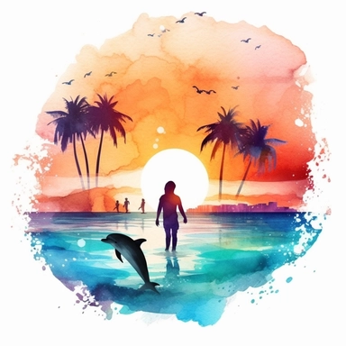 Watercolor People On Beach Ocean Dolphins, Retro Sunset Clipart Colorful and white Background