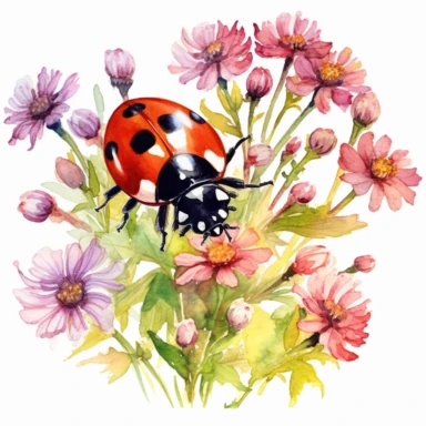 vibrant ladybird with flowers, Watercolor clipart, hd, white background, art