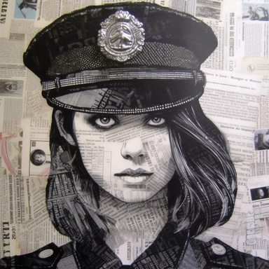 Charcoal drawing illustration collage, marker drawing portrait of a ((Japanese anime style police woman by ghibli ))on collaged book pages, magazine headline clippings, music notation paper cutouts, by Peterdraws, flowerpunk, bohemian style fabrics, intricate, button, wire jewelry, by Loui Jover