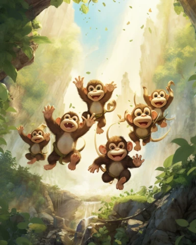 Nine little monkeys jumping all around the jungle, Swinging and leaping, never touching the ground, watercolour clipart, children's storybook illustration,