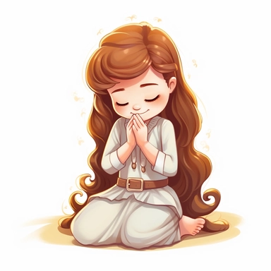 little girl with long light brown hair, from the side, first holy communion, girl kneeling with holy beads in hand and hands in a praying gesture clipart vector white background - Remaster by @Claire