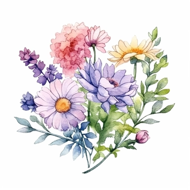 Design a captivating hand-drawn watercolor clip art image of a family gift niche adorned with birth flowers representing a family of four: a February baby (Violet), a May baby (Hawthorn), an August baby (Poppy), and a November baby (Chrysanthemum). Customize the image by incorporating the family's favorite colors into the background, adding a personal touch to the artwork. Pay attention to the intricate details of the flowers, using gentle shading and highlights to bring them to life.
