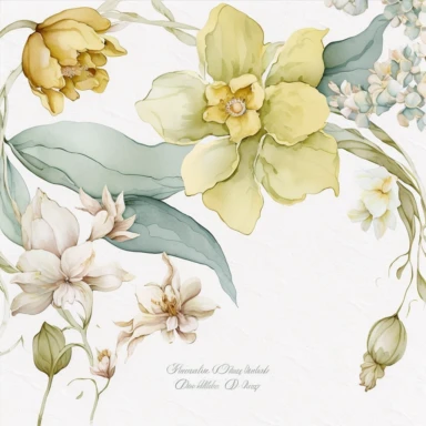 watercolor floral CLIPART, WHITE AND YELLOW NARCISSUS FLOWERCOLOR PRE MADE BORDER, pastel pale COLORS, clipart, no background, blank space for writing, CLEAN OUTLINE, delicate and elegant, dreamy airy color, classic style, airy watery colors, with elements of GREEN LEAVES and bluberries, hd, best quality, 8k,