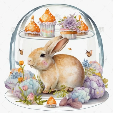 a realistic cute bunny eating a carrot in a glass dome, patterned Easter eggs on a stand, candles and easter muffins, watercolor effect, realistic figures , kids story style, soft colored view , fantastic scene, small colored flowers and lavender , white background , suitable for digital clipart