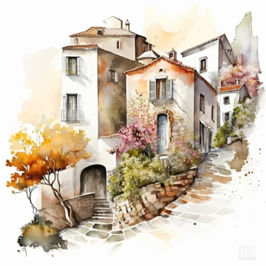 beautiful watercolor clipart of white houses on a cobbled street in a French hillside village near the Mediterranean sea, warm summer hues, compositions on an isolated white background. Bright landscapes illustrations, highly detailed