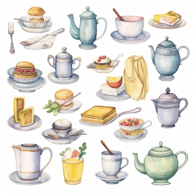 Watercolor vintage tea party items, illustrations clipart set, simple, soft colors, cartoon elements, different variants, teapot, sugar bowl, jug of milk, egg sandwich, stacked china plates, cake fork, tongs, china cup and saucer,napkin, knife,fork stacked teacups, lemon dish, , ,silver knife, ,silver fork, ,silver spoon,napkin, place markers, vase of flowers, bunting , separate elements with a margin