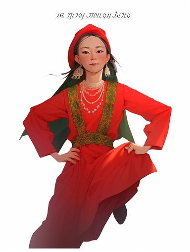 Illustrated character set, A girl wearing a red Uyghur costume dances, front view, paint art style, different poses, detail, clipart, white background, superrealistic, one of a kind