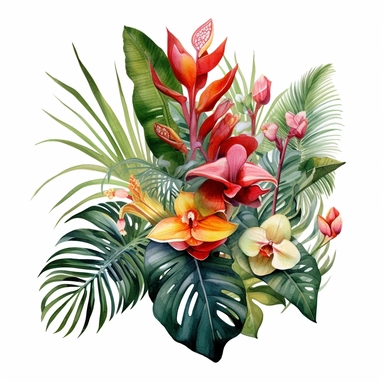 boquet of watercolor painting of monstera leaf, jungle vines, heliconia flower, palm frond, orchid, banana leaf, bromiliad, clipart, boarder graphic, vivid, realistic detail, white background