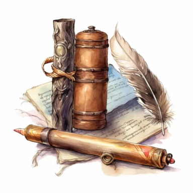 Old book, paper scroll and feather pen sketch set, Watercolour Illustration clipart, 4K, extremely detailed