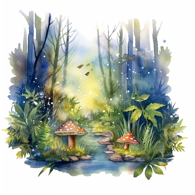 ultra realistic watercolor of enchanted fairy forest clipart, magical, god rays, fireflies, overgrown plants, fairy forest, on white background clipart watercolor, nature, sublimination, 8k, high quality, award winning, detailed