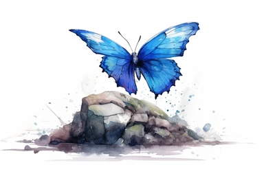 Watercolor, Generate an image of a Marine Blue butterfly perched on a seaside rock, capturing its coastal habitat, clipart, hd, on a white background, spaced out