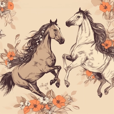 horses in the style of clip art hand drawn, isolated on beige background for fabric, with leaves and flowers in the negative spaces