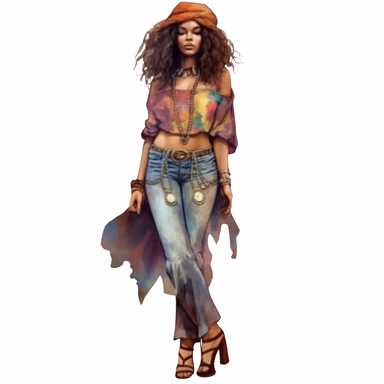 watercolor, hippie black woman, clipart, full body, side angle