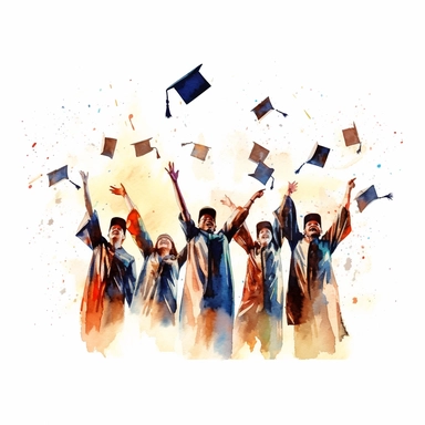 watercolor style, Graduation hat toss: Clipart showing a group of graduates throwing their caps in the air, celebrating the completion of their studies. clipart, isolated on white background, 4K
