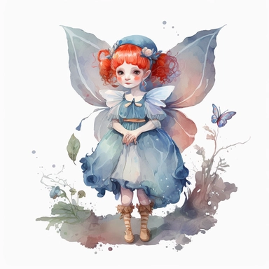 Fancy elf in blu dress, red hair, decorated with mushrooms, pastel colors and delicate details, with fairy wings, watercolor clipart, centered in the middle of the image, solid white background, isolated on white background