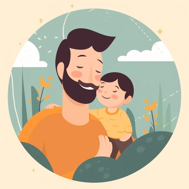 Create a heartfelt Father's Day clipart showcasing a dad hugging his child. The scene should depict a warm, loving moment where they are both smiling, symbolizing their strong bond. The dad can be kneeling or sitting to be at the child's height. Try to incorporate soft, soothing colors to emphasize the loving nature of the scene. Additionally, include a decorative banner at the bottom of the clipart with the phrase 'Dad's Hug, Best Hug'. Please ensure the illustration is clear and high-resolutio
